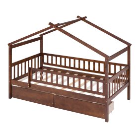 Wooden Twin Size House Bed With Two Drawers
