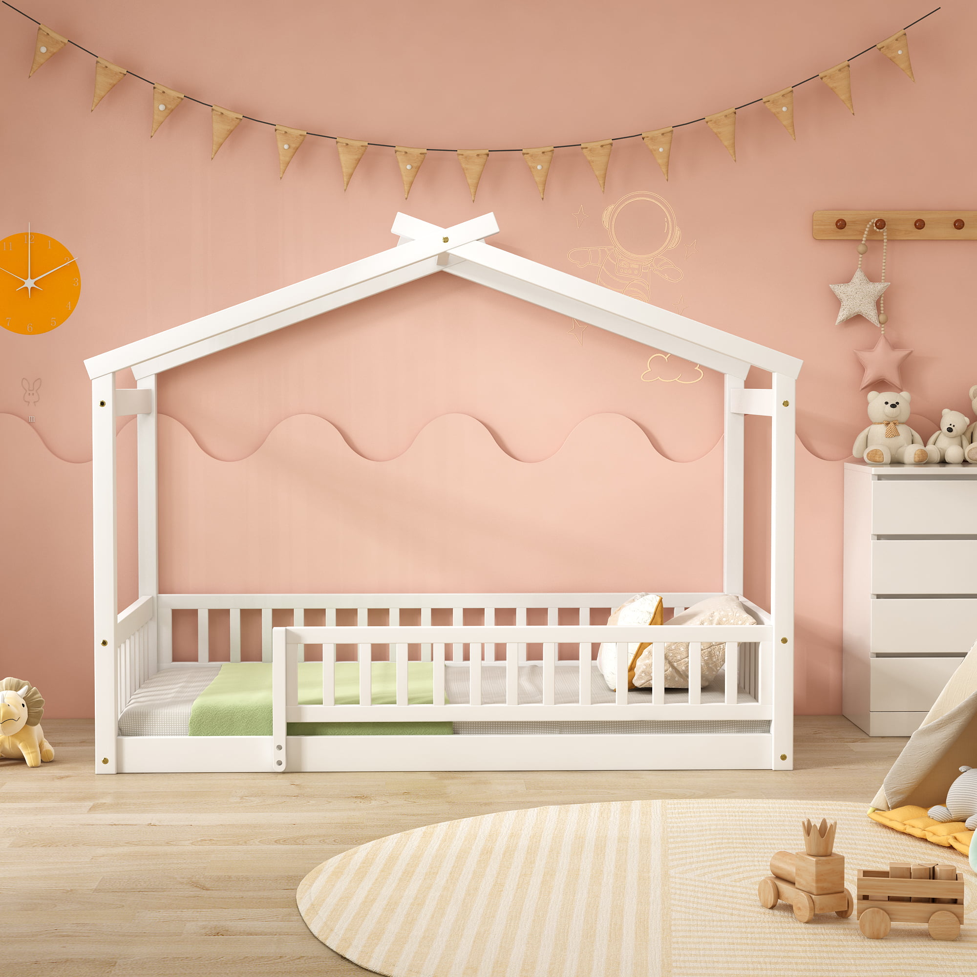 Wooden Twin Size House Bed Frame With Fence