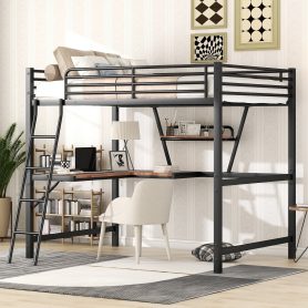 Metal & MDF Full Size Loft Bed With Desk And Shelf