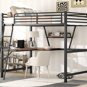 Metal & MDF Full Size Loft Bed With Desk And Shelf