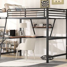 Metal & MDF Full Size Loft Bed With Desk And Shelf