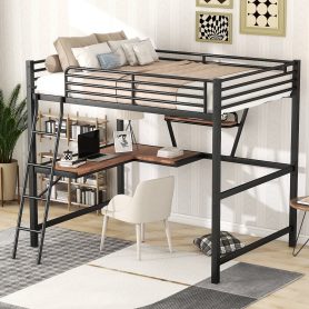 Metal & MDF Full Size Loft Bed With Desk And Shelf