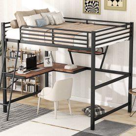 Metal & MDF Full Size Loft Bed With Desk And Shelf