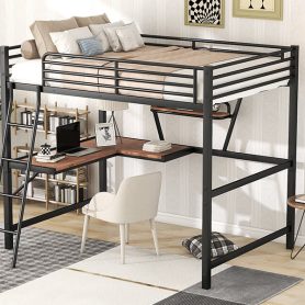 Metal & MDF Full Size Loft Bed With Desk And Shelf