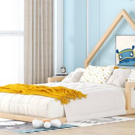 Wood Full Size Floor Bed With House-Shaped Headboard