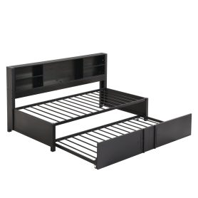 Twin Size Daybed with Twin Size Trundle, Storage Shelves and USB Ports