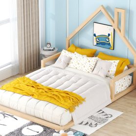 Wood Full Size Floor Bed With House-Shaped Headboard