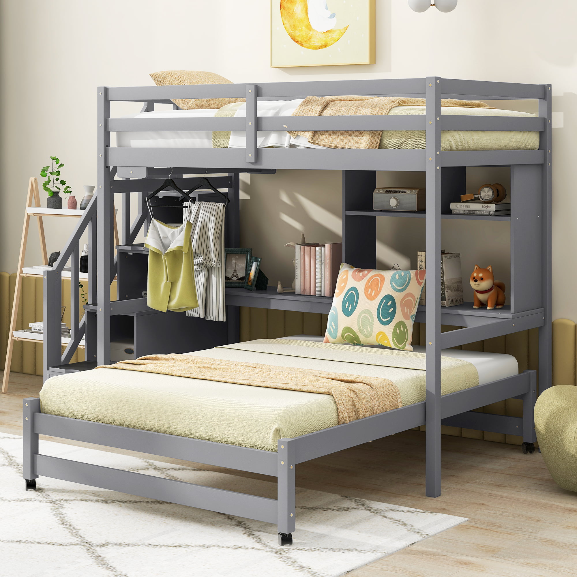 Twin over Full Bunk Bed with Storage Staircase, Desk, Shelves and Hanger for Clothes