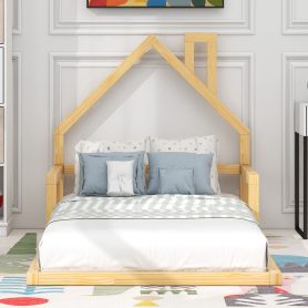 Wood Twin Size Floor Bed With House-Shaped Headboard