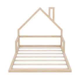 Wood Full Size Floor Bed With House-Shaped Headboard