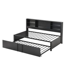 Twin Size Daybed with Twin Size Trundle, Storage Shelves and USB Ports