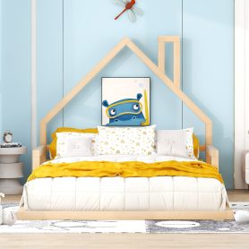 Wood Full Size Floor Bed With House-Shaped Headboard
