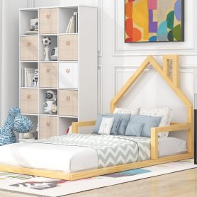 Wood Twin Size Floor Bed With House-Shaped Headboard