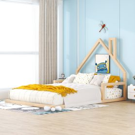 Wood Full Size Floor Bed With House-Shaped Headboard