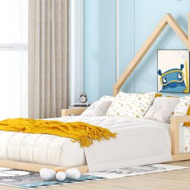 Wood Full Size Floor Bed With House-Shaped Headboard
