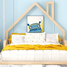 Wood Full Size Floor Bed With House-Shaped Headboard