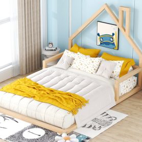 Wood Full Size Floor Bed With House-Shaped Headboard