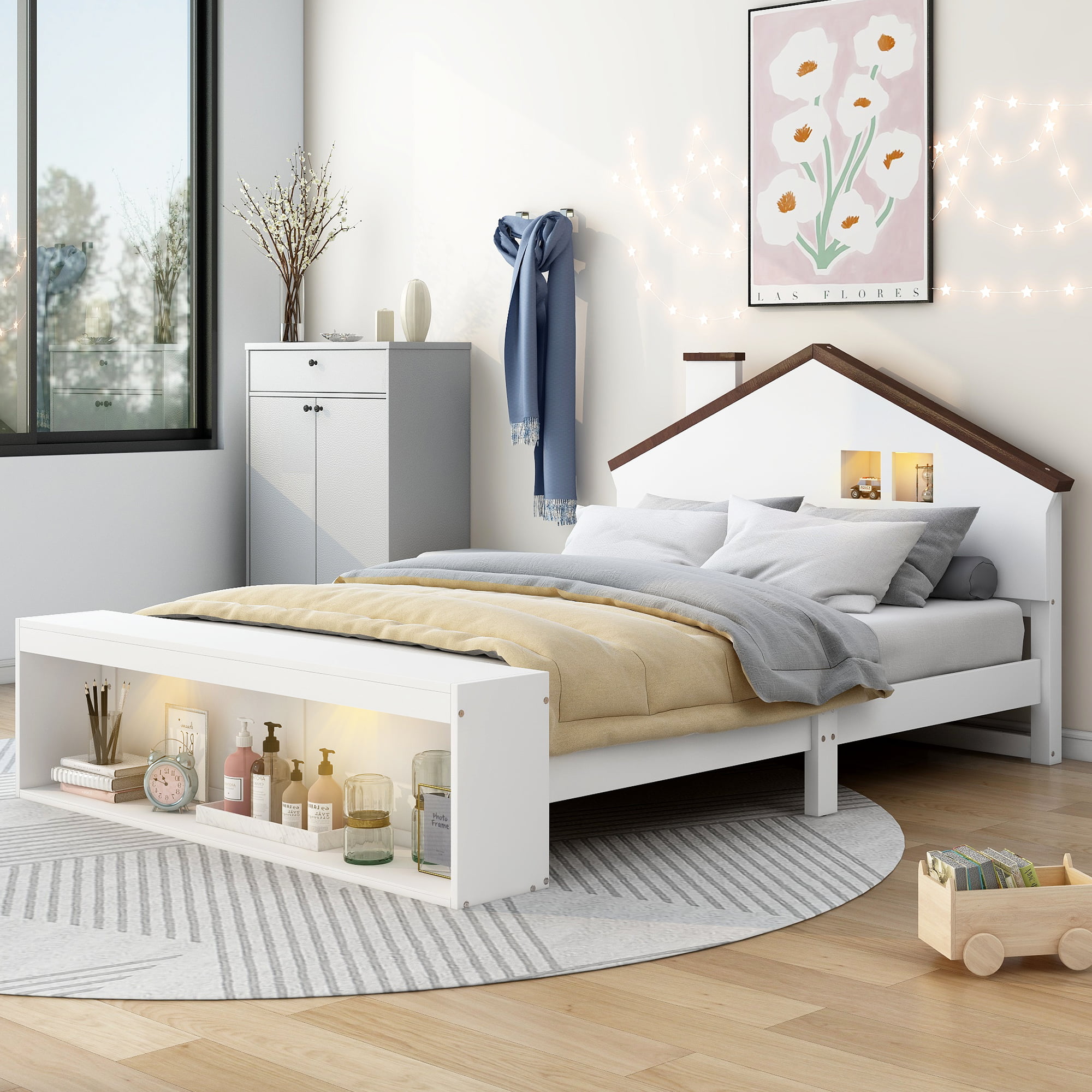 Wood Full Size House Platform Bed With LED Lights And Storage
