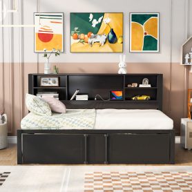 Twin Size Daybed with Twin Size Trundle, Storage Shelves and USB Ports