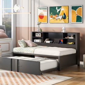 Twin Size Daybed with Twin Size Trundle, Storage Shelves and USB Ports