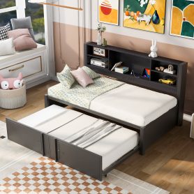 Twin Size Daybed with Twin Size Trundle, Storage Shelves and USB Ports
