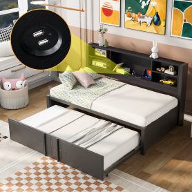 Twin Size Daybed with Twin Size Trundle, Storage Shelves and USB Ports
