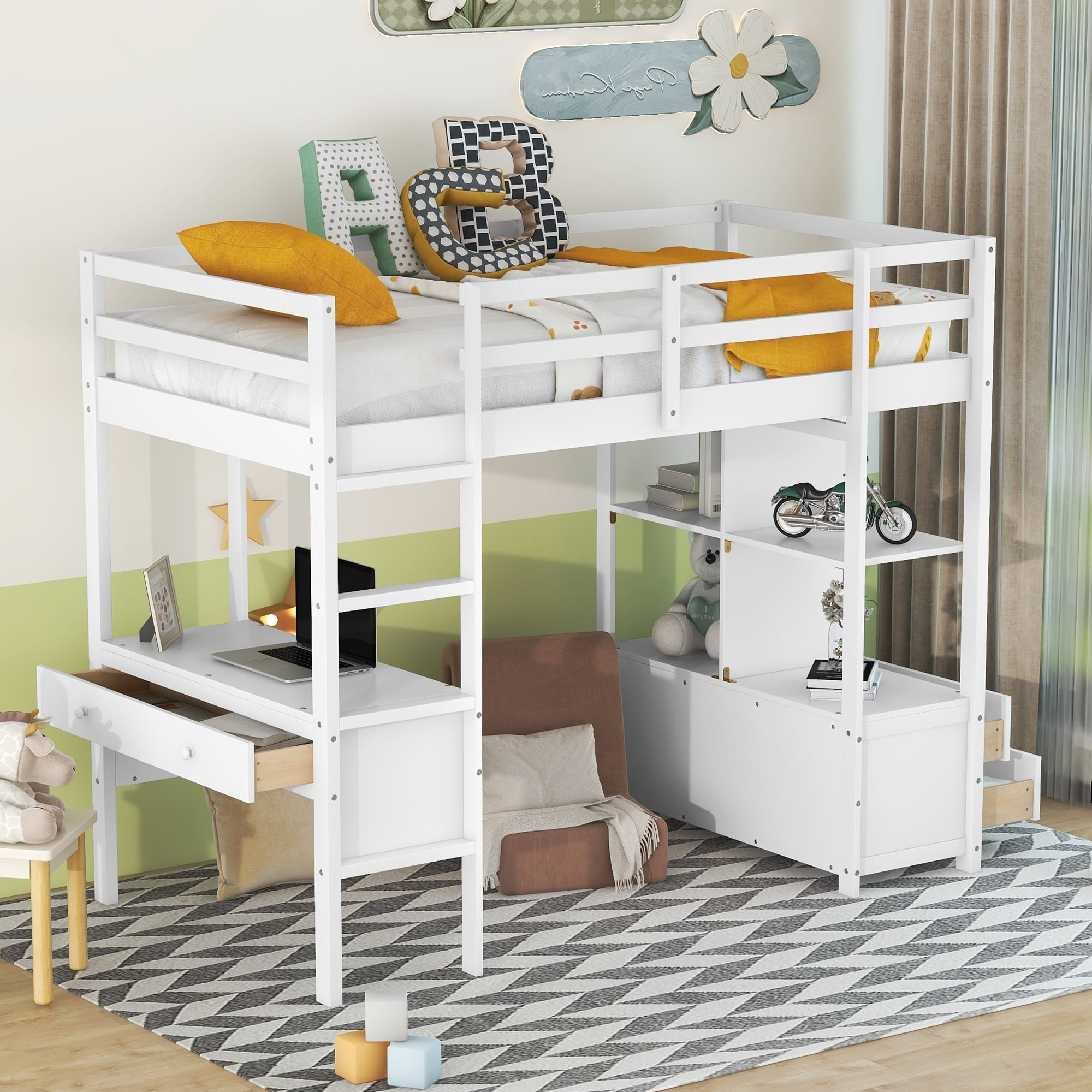 Twin Size Loft Bed With Built-in Desk, Two Drawers And Storage Shelves