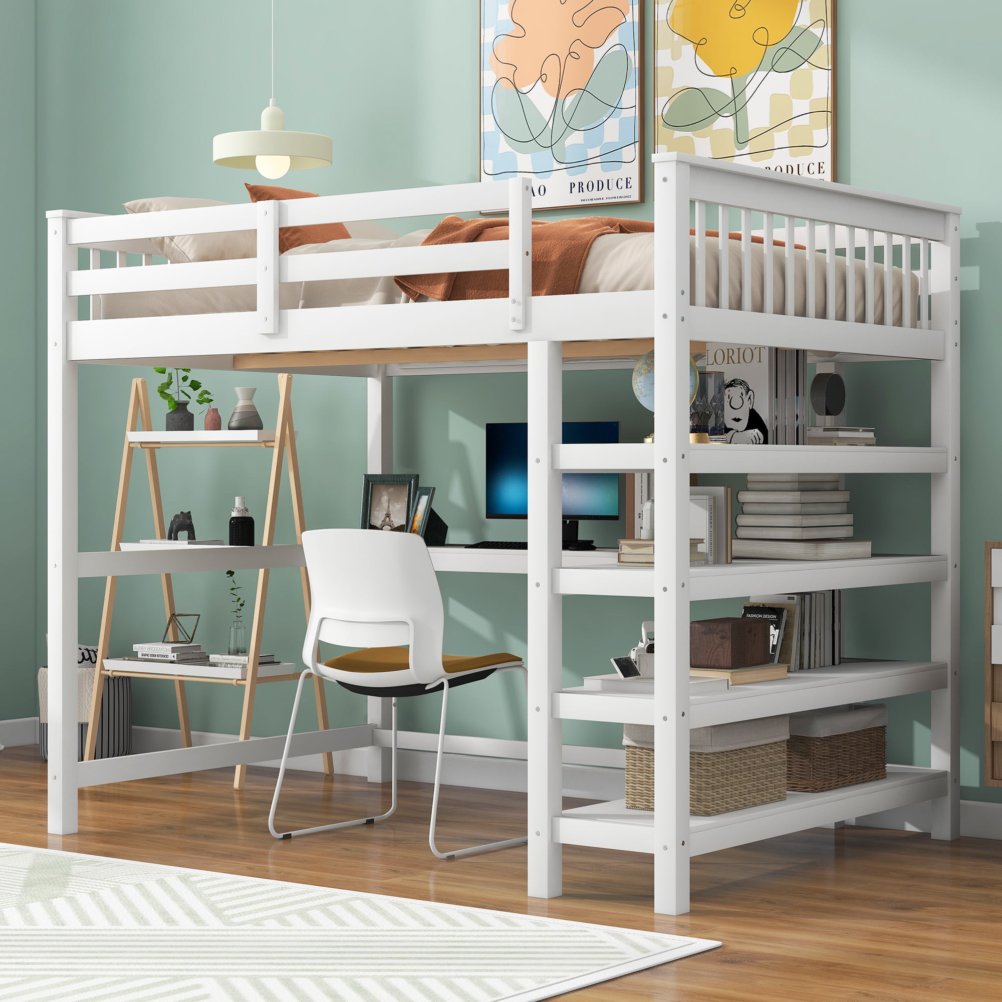 Full Size Loft Bed with Storage Shelves and Under Bed Desk