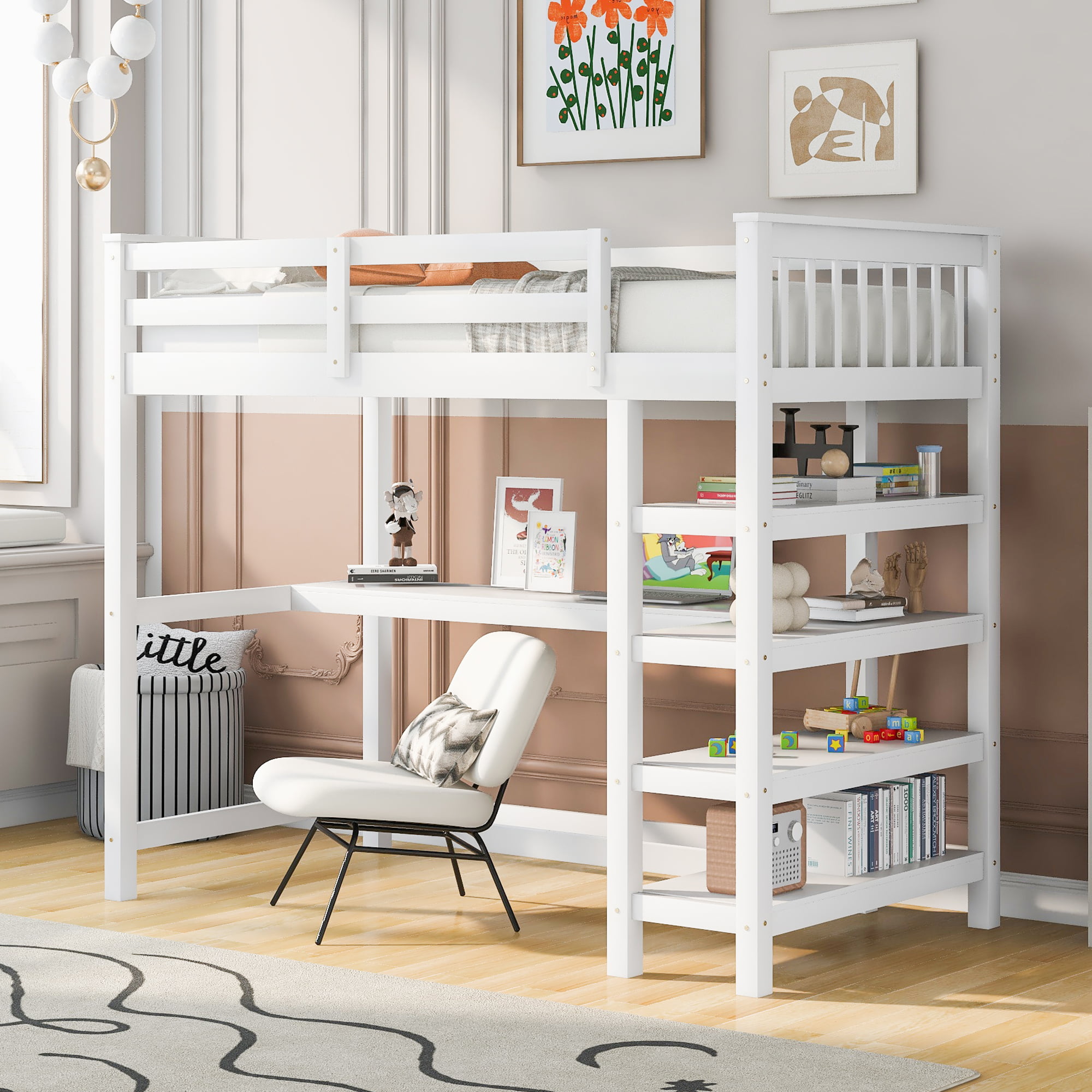 Twin Size Loft Bed with Storage Shelves and Under-Bed Desk