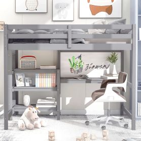 Wooden Full Size Loft Bed With Shelves, Desk And Writing Board