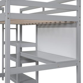Wooden Twin Size Loft Bed With Shelves, Desk And Writing Board