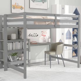 Wooden Twin Size Loft Bed With Shelves, Desk And Writing Board