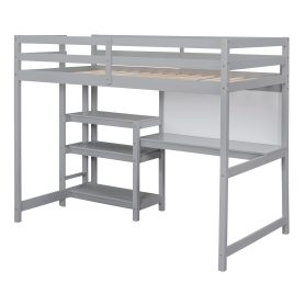 Wooden Twin Size Loft Bed With Shelves, Desk And Writing Board