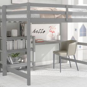Wooden Twin Size Loft Bed With Shelves, Desk And Writing Board