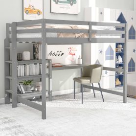 Wooden Twin Size Loft Bed With Shelves, Desk And Writing Board