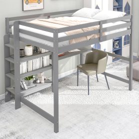 Wooden Twin Size Loft Bed With Shelves, Desk And Writing Board