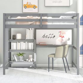 Wooden Twin Size Loft Bed With Shelves, Desk And Writing Board