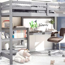 Wooden Full Size Loft Bed With Shelves, Desk And Writing Board
