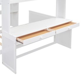 Full Size Loft Bed With A Twin Size Stand-Alone Bed, Shelves, Desk,and Wardrobe