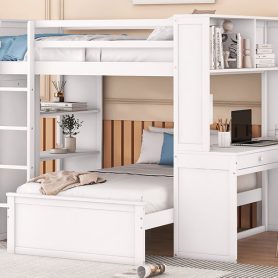 Full Size Loft Bed With A Twin Size Stand-Alone Bed, Shelves, Desk,and Wardrobe