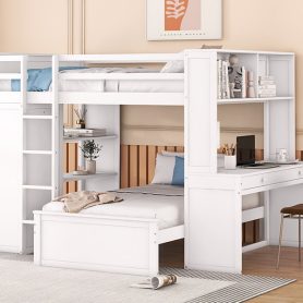 Full Size Loft Bed With A Twin Size Stand-Alone Bed, Shelves, Desk,and Wardrobe