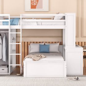 Full Size Loft Bed With A Twin Size Stand-Alone Bed, Shelves, Desk,and Wardrobe