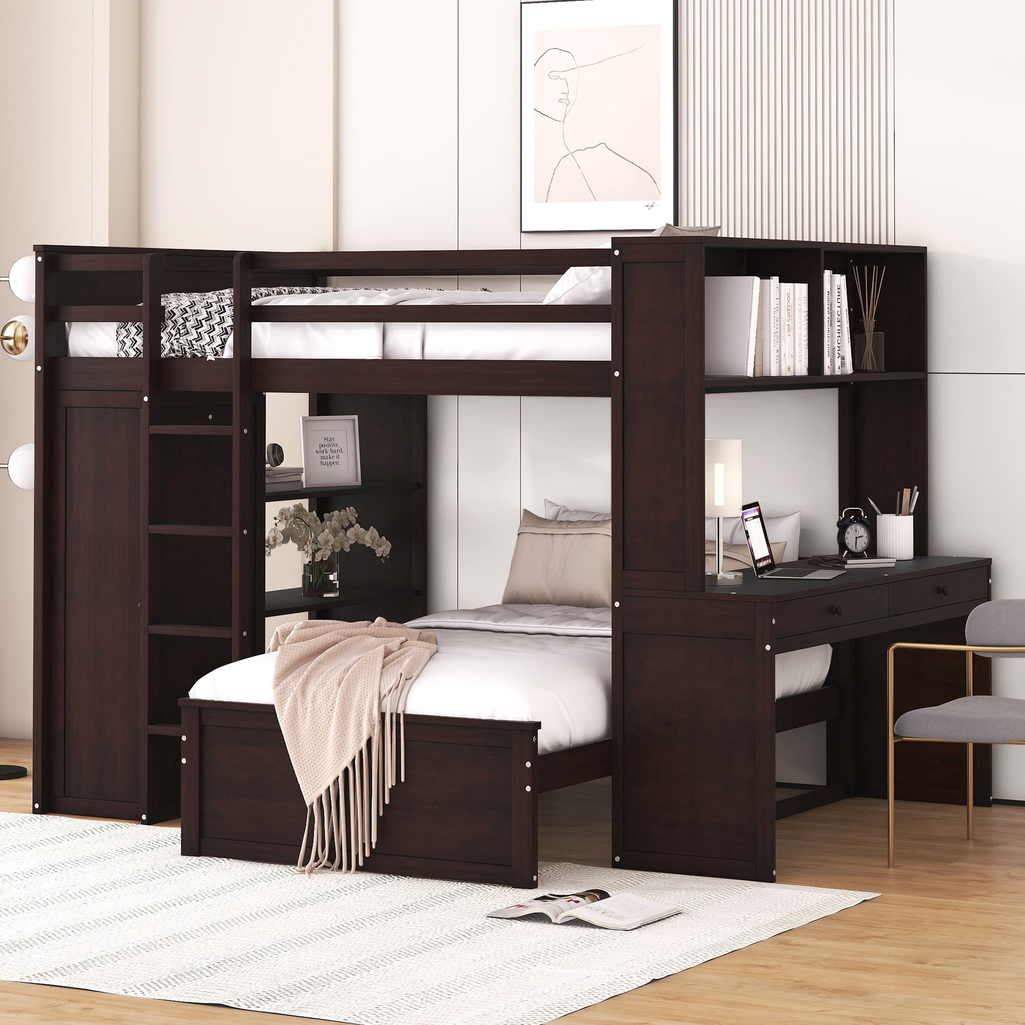 Full Size Loft Bed With A Twin Size Stand-Alone Bed, Shelves, Desk,and Wardrobe