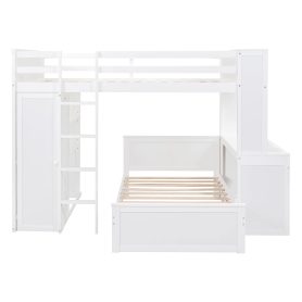 Full Size Loft Bed With A Twin Size Stand-Alone Bed, Shelves, Desk,and Wardrobe