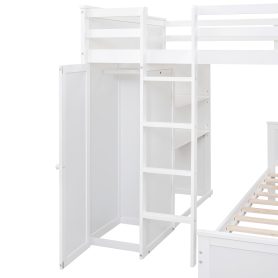 Full Size Loft Bed With A Twin Size Stand-Alone Bed, Shelves, Desk,and Wardrobe