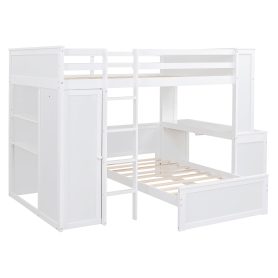 Full Size Loft Bed With A Twin Size Stand-Alone Bed, Shelves, Desk,and Wardrobe