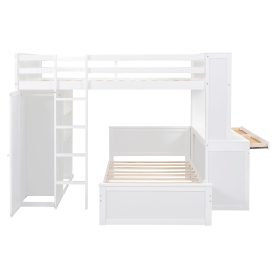 Full Size Loft Bed With A Twin Size Stand-Alone Bed, Shelves, Desk,and Wardrobe