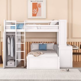 Full Size Loft Bed With A Twin Size Stand-Alone Bed, Shelves, Desk,and Wardrobe