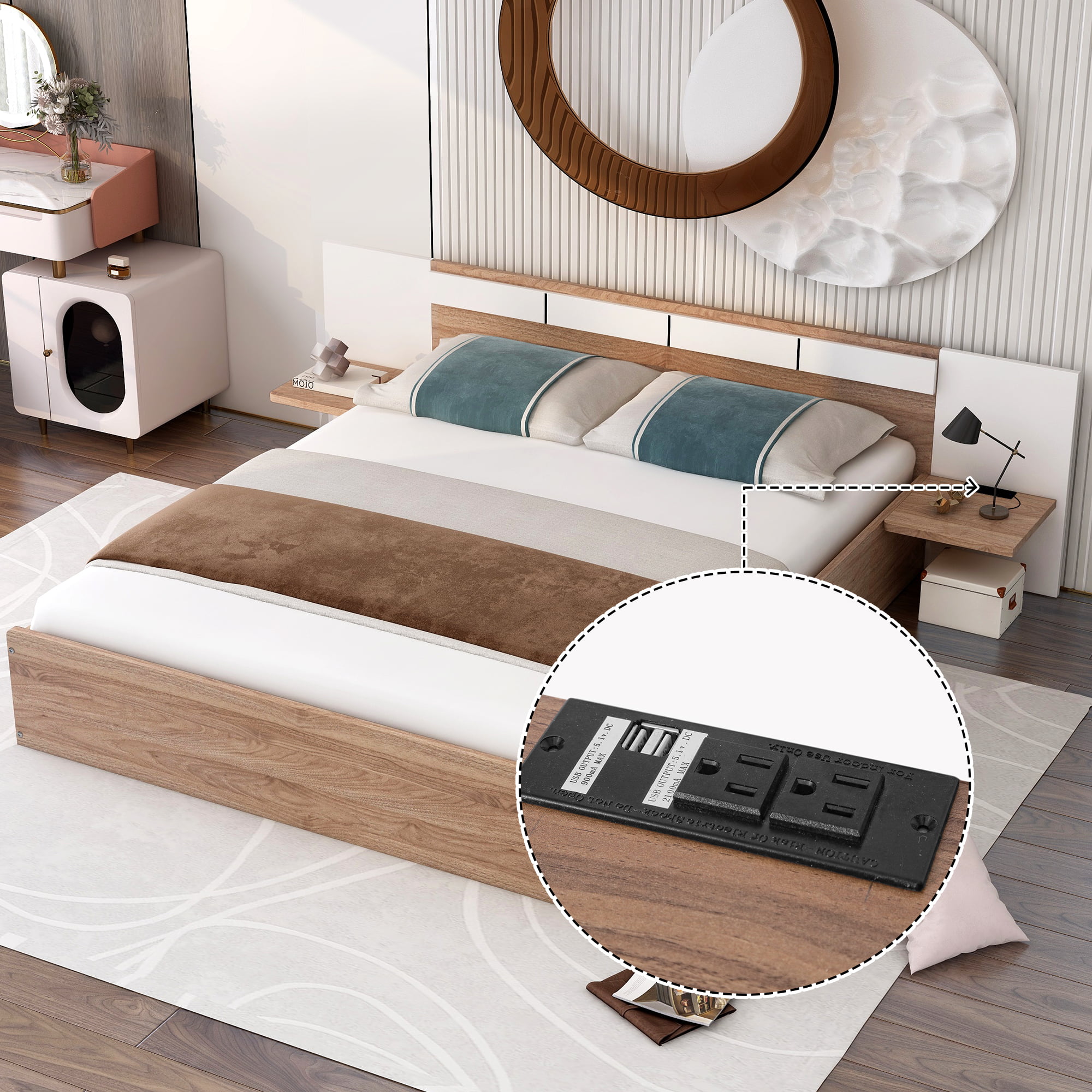 Queen Size Platform Bed With Headboard, Shelves, USB Ports And Sockets