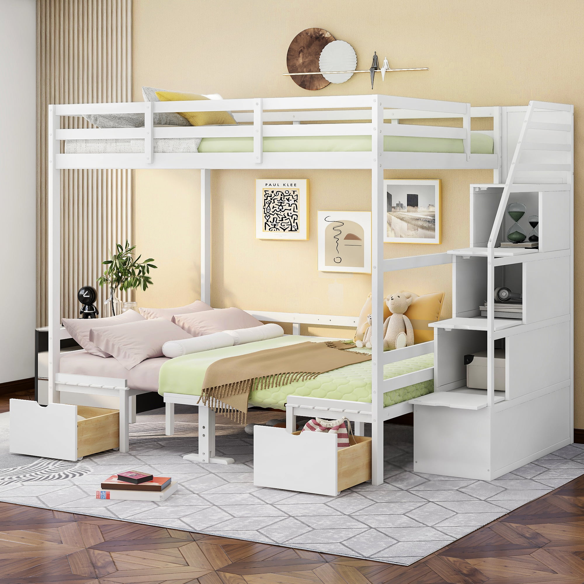 Full over Full Size Bunk Bed with Staircase, Can be Convertible to Seats and Table Set